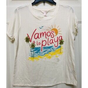 LC Lauren Conrad T-Shirt XXL White Short Sleeve Crew Neck Vamos a la Playa hgd